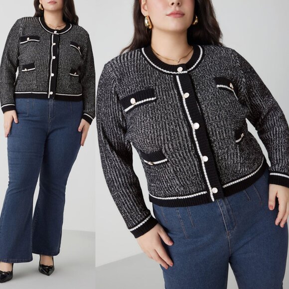 Cider Knit Round Neck Contrasting Binding Button Cardigan Curve Plus 2XL Shimmer - Picture 3 of 16
